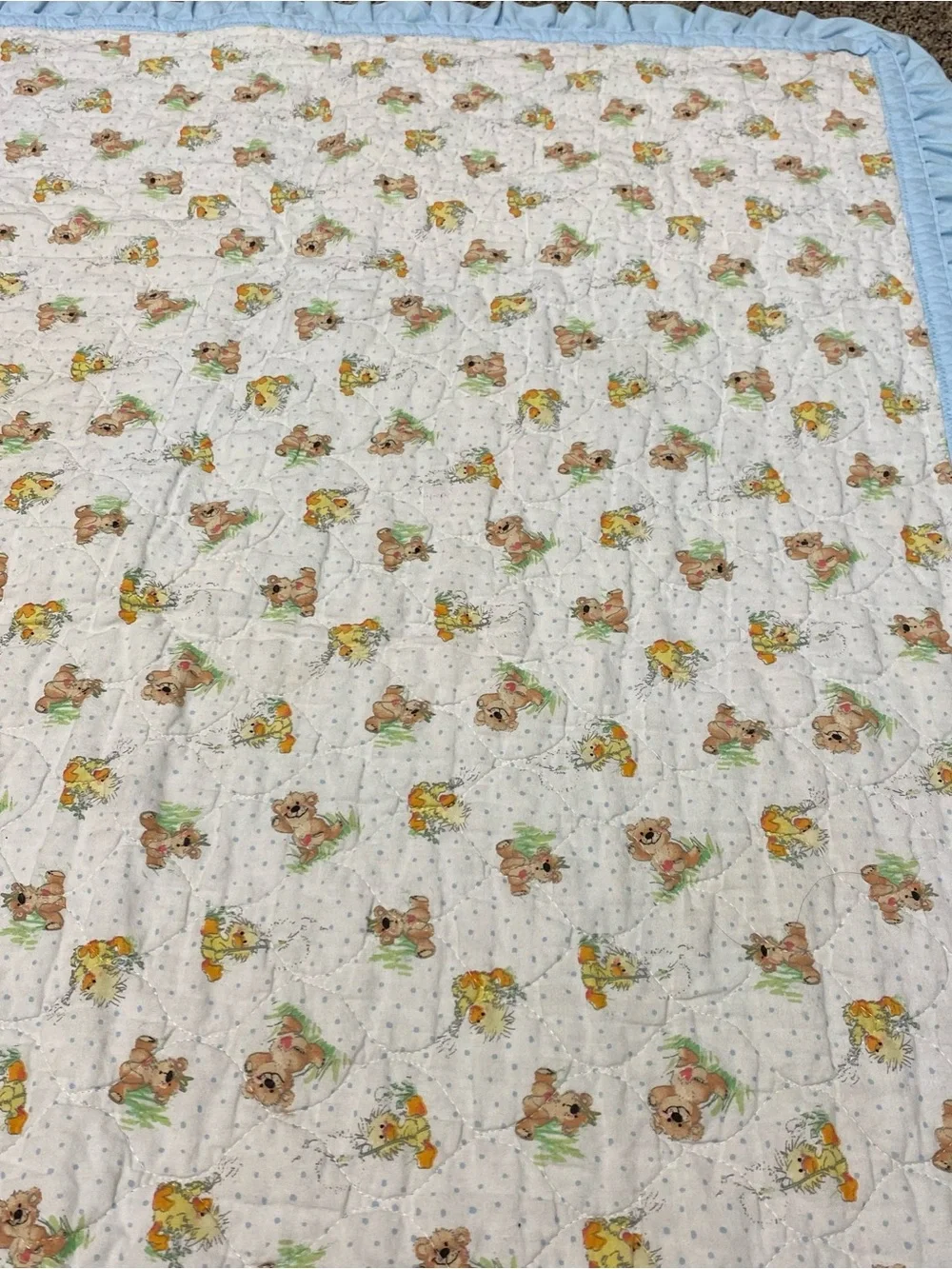 Vintage 1980s Whimsical Pastel Baby Crib Quilt - Duck Bear Giraffe Bunny